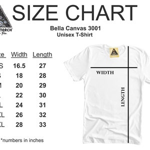 May include: Size chart for a Bella Canvas 3001 unisex t-shirt. The chart shows the width and length measurements in inches for sizes XS to 3XL.