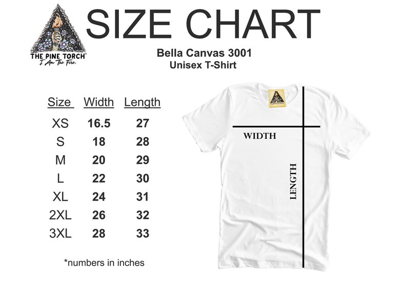 May include: Size chart for a Bella Canvas 3001 unisex t-shirt. The chart shows the width and length measurements in inches for sizes XS to 3XL.
