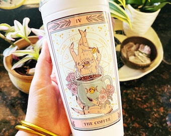 The Coffee Tarot Card Tumbler, Occult coffee tarot card tumbler, The coffee Tarot tumbler, coffee caffeine tarot card tumbler