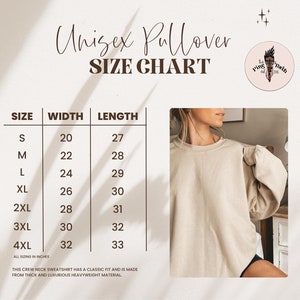 May include: Unisex pullover size chart with measurements in inches for sizes S through 4XL. The chart shows the width and length of the pullover in inches.