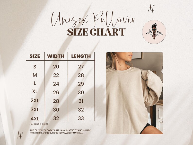 May include: Unisex pullover size chart with measurements in inches for sizes S through 4XL. The chart shows the width and length of the pullover in inches.