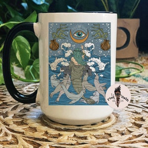 Selkie woman mug, selkie mug, selkie black handle mug, mythical mermaid selkie mug, selkie woman with seals mug