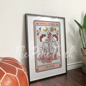 Personalized LGBTQ Lesbian Lovers Tarot framed print, Lovers Skeleton Tarot Card poster, Skeleton Lovers Tarot print, Lovers print poster