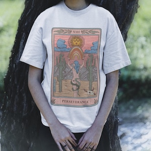Perseverance Tarot Card Shirt, Tarot Card Tee, witchy desert woman shirt, Desert snake rainbow skull witchy Shirt, Taro Card shirt