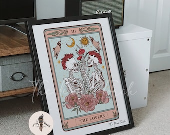 The Lovers LGBTQ Tarot framed print, The Lovers Female Tarot Card poster, Skeleton Gay Marriage Lovers Tarot print, Lovers tarot print