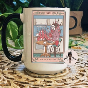The Video Meeting Tarot Card Mug, Skeleton funny work from home tarot Coffee mug, work from home skeleton video call Tarot mug