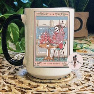 The Video Meeting Tarot Card Mug, Skeleton funny work from home tarot Coffee mug, work from home skeleton video call Tarot mug