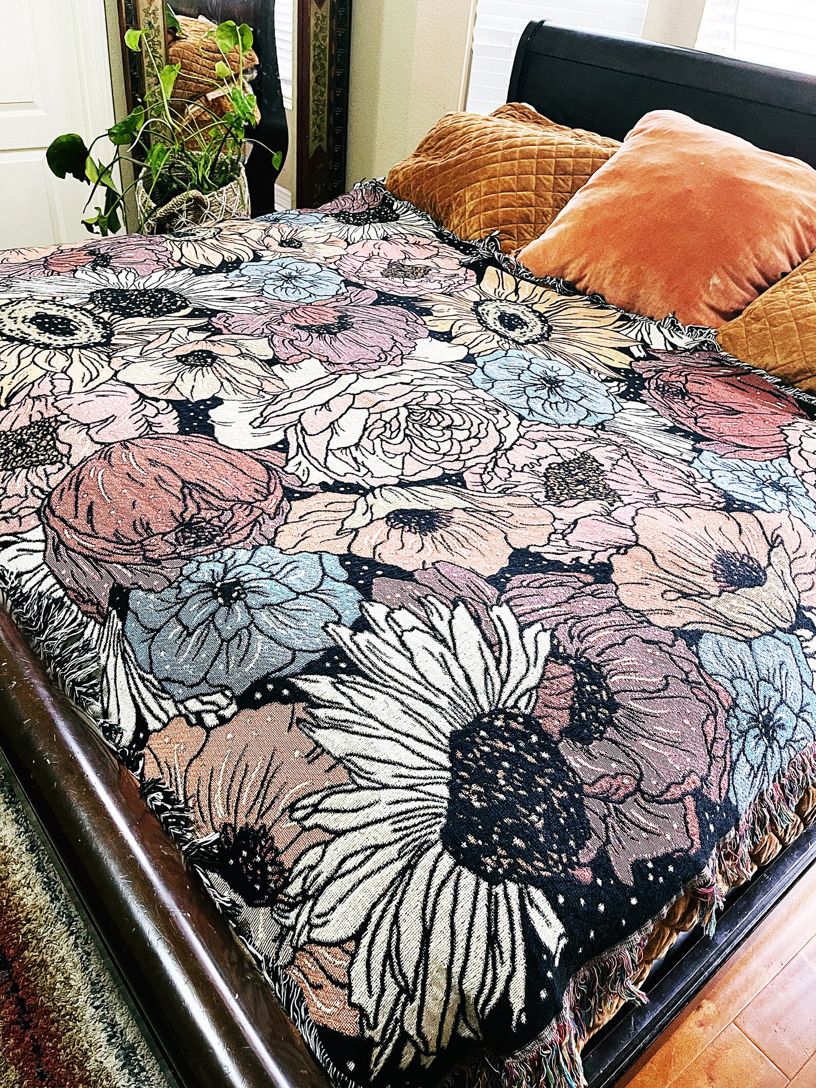 Retro Floral Woven Throw Blanket Floral Large Woven Blanket Etsy New Zealand