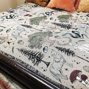 Forest mushroom wolf deer blanket, rustic forest nursery blanket, deer pattern blanket, forest pattern blanket, trees woven blanket