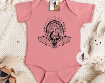 Baby Bat bodysuit, Bat Halloween baby bodysuit, Bat baby halloween bodysuit, witchy bat with crystals baby, witchy mystical bat baby