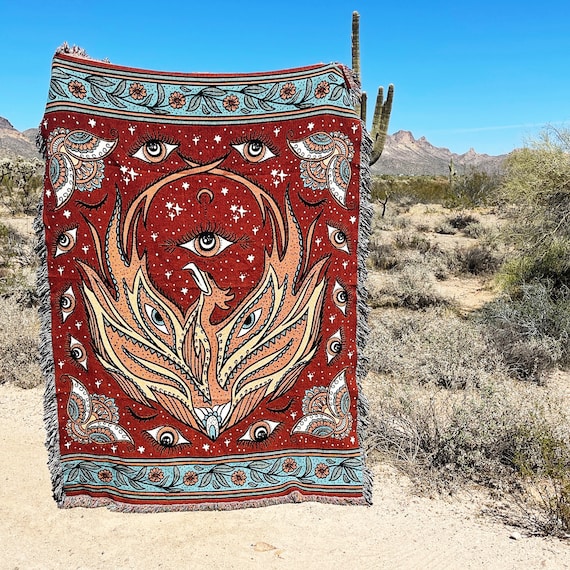 Phoenix Rising Woven Throw Blanket, Phoenix evil eye mystical Woven Throw, witchy Large Throw Blanket, Tapestry throw blanket