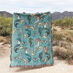 Mystical mermaid pattern woven fringe throw, mermaid pattern woven throw blanket, mermaid goddess woven blanket, woven fringe throw blanket