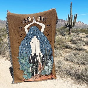 Desert Goddess with plants and cacti Throw Blanket, succulents plant goddess Woven Throw, desert cactus Large Tapestry Throw Blanket