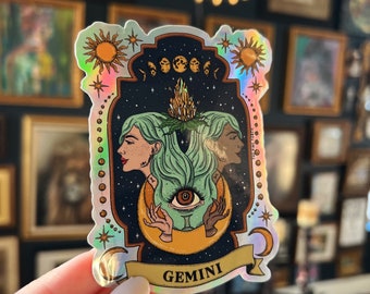 Gemini Zodiac Holographic Sticker, Gemini Zodiac sticker, Waterproof Tarot Card Sticker, Water bottle, laptop, phone stickers