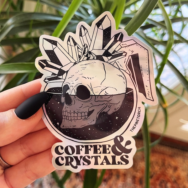 Coffee Crystals Skull Holographic Sticker, Coffee Skull Holographic sticker, Waterproof Coffee Sticker, Water bottle, laptop, phone stickers