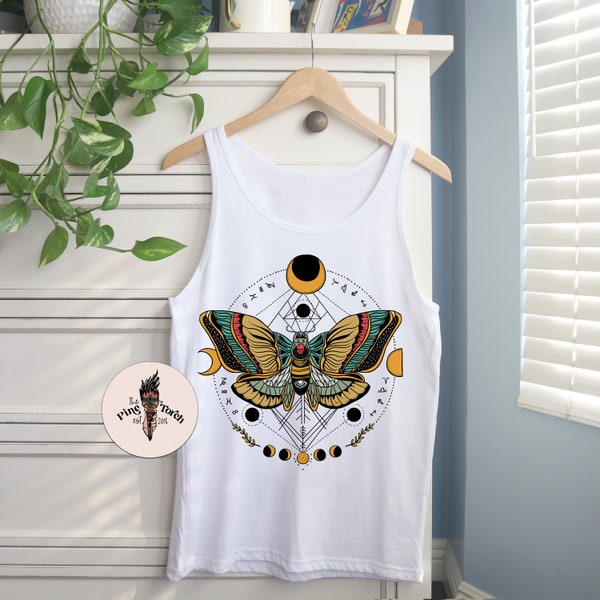 Death moth Unisex Tank, mystical moth witchy hand tank top, moth moon phases top, death moth unisex tank