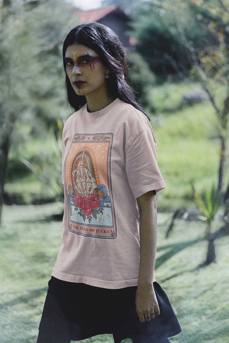 The Zero of Fucks Tarot Card Shirt, Skeleton swear finger Tarot Card Tee, skeleton hand tarot shirts, middle finger tarot shirt image 5