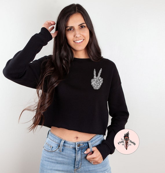 Skeleton Peace Sign Finger Crop Hoodie Skeleton Peace Sign Crop
