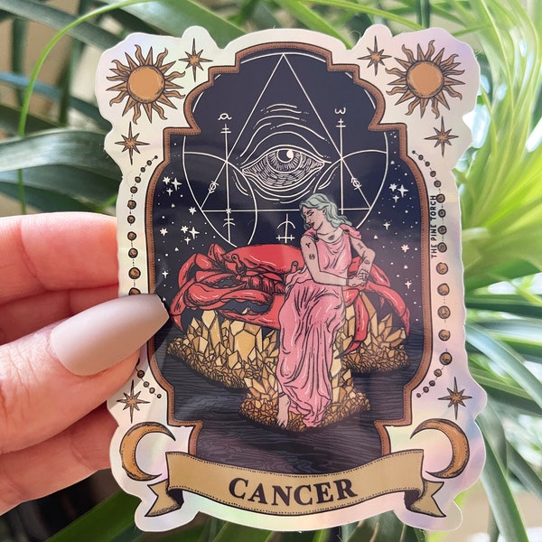 Cancer Zodiac Holographic Sticker, Cancer Zodiac sticker, Waterproof Tarot Card Sticker, Water bottle, laptop, phone stickers