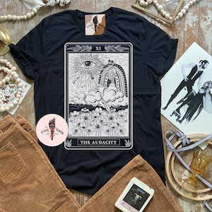 The Audacity Skeleton Tarot Card Tee, Witchy Audacity tarot card tee, The Audacity black tarot theme shirt, tarot skeleton shirt