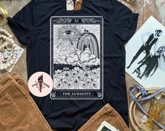 The Audacity Skeleton Tarot Card Tee, Witchy Audacity tarot card tee, The Audacity black tarot theme shirt, tarot skeleton shirt