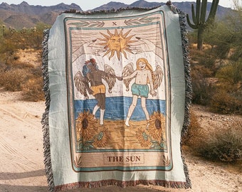 The Sun Tarot Card Woven Throw Blanket, Sun Woven tarot theme blanket, The Sun Tarot card Woven Throw, Tarot theme Large Throw Blanket