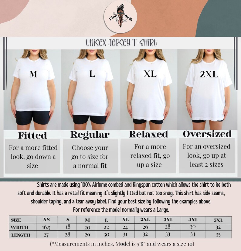May include: Unisex jersey t-shirt size chart with measurements in inches. The chart shows the different fits available: fitted, regular, relaxed, and oversized. The chart also includes the width and length measurements for each size from XS to 5XL.
