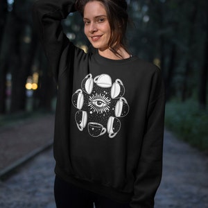 Evil Eye moon phase coffee Pullover, Evil Eye moon phases crewneck pullover, moon coffee sweatshirt, evil eyes sweatshirt witchy eye coffee