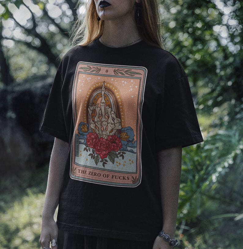 The Zero of Fucks Tarot Card Shirt, Skeleton swear finger Tarot Card Tee, skeleton hand tarot shirts, middle finger tarot shirt image 4