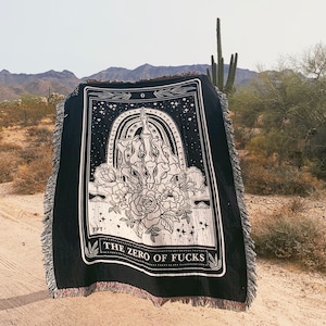 Zero of Fucks Middle Finger Tarot Card Woven Throw Blanket, skeleton Tarot Blanket Woven Throw, Tarot theme Large Throw Blanket image 1