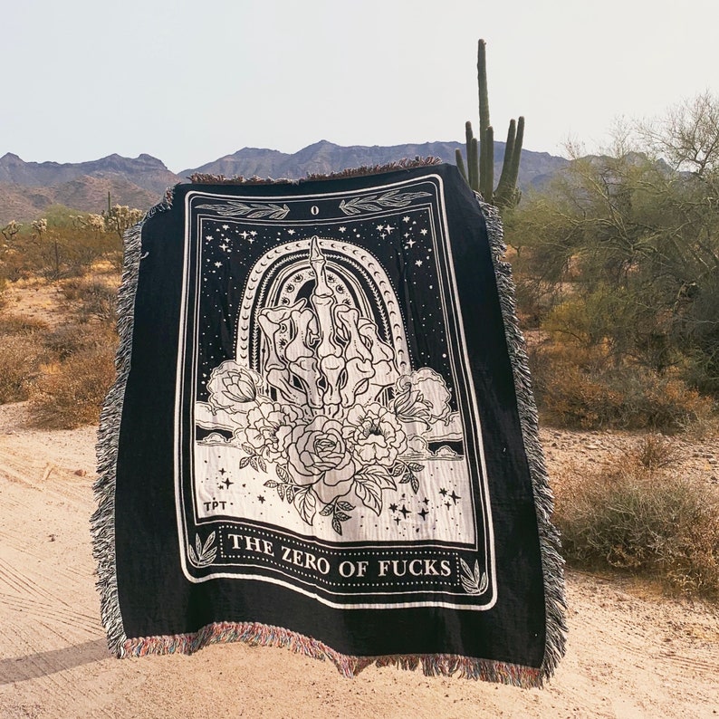 Zero of Fucks Middle Finger Tarot Card Woven Throw Blanket, skeleton Tarot Blanket Woven Throw, Tarot theme Large Throw Blanket image 1