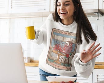 Sudadera con estampado de esqueleto y tarot de la pandemia para videoconferencias, sudadera con estampado de esqueleto trabajando desde casa, sudadera divertida con estampado de esqueleto y tarot de la pandemia