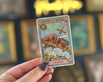 The Pizza Slice Tarot Card Holographic Sticker, Pizza Tarot Card sticker,Waterproof Tarot Card Sticker, Water bottle, laptop, phone stickers