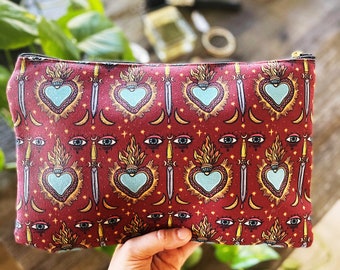 Sacred Heart Zipper Cosmetic Pouch, Sacred Heart Gothic cosmetic zipper pouch, sacred heart cosmetic case, gothic heart cosmetic zip pouch