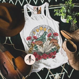 Witchy book tank, mystical book librarian tank, magical reade book tank, moth book moon phases tank, book lover tank