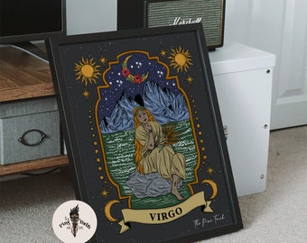 May include: A black framed print with a dark background featuring a stylized illustration of the astrological sign Virgo. The illustration depicts a woman with long blonde hair sitting on a rock, holding wheat stalks. The background features a crescent moon, stars, and mountains. The text "VIRGO" is written in a banner at the bottom of the print.