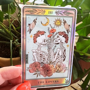 Lesbian Lovers Tarot Card Holographic Sticker, LGBTQ Waterproof Tarot Card Sticker, Water bottle, laptop, phone stickers