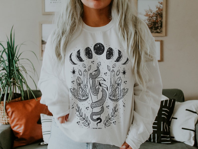 Moon Phase snake Pullover crystals moon phases crewneck pullover moon phase pullover Mystical moon snake crystals crewneck pullover