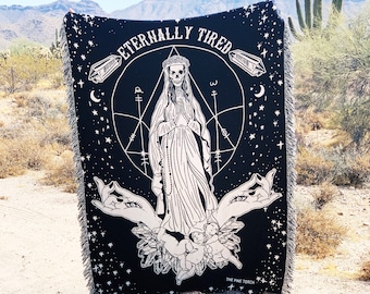 Eternally Tired Skeleton Woman blanket, tired mom life woven fringe blanket, oversized skeleton woven blanket, skeleton blanket