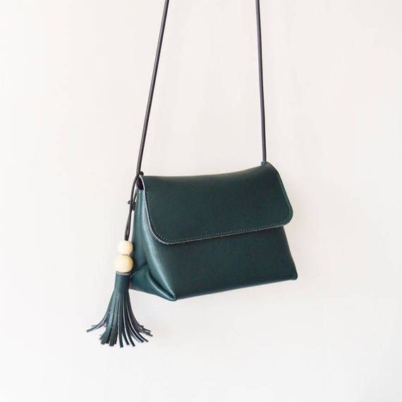 Dark Green Crossbody with wood Tassel Soft Leather Bag | Etsy