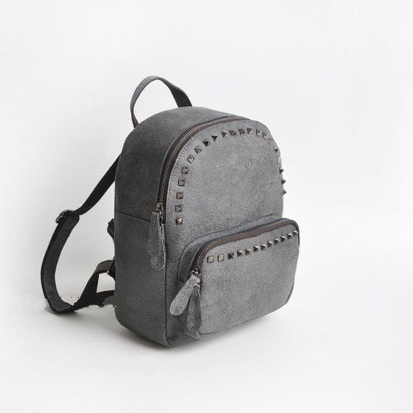 Genuine Leather Backpack with Pyramid Studs