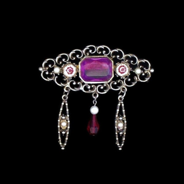 Filigree Scroll Dangle Brooch Pin, Antique Silver Tone, With Large Purple Stone, Art Glass Rhinestones, And Faux Pearls, Collar Brooch Pin