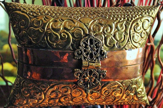 Brass Pillow Purse, Ornate With Copper Detail - image 6