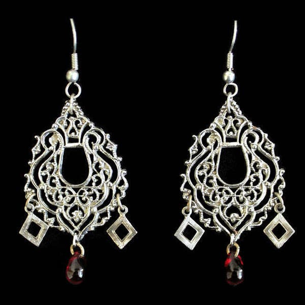 Boho Chandelier Earrings, With Red Teardrop Bead Accent In Antique Silver Tone