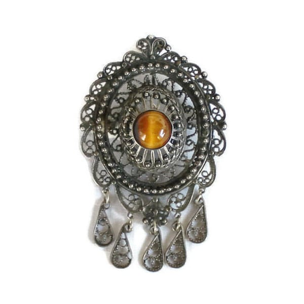 Victorian Style  Sterling Silver And Tiger's Eye Pendant/Brooch, Filigree And Scroll Design