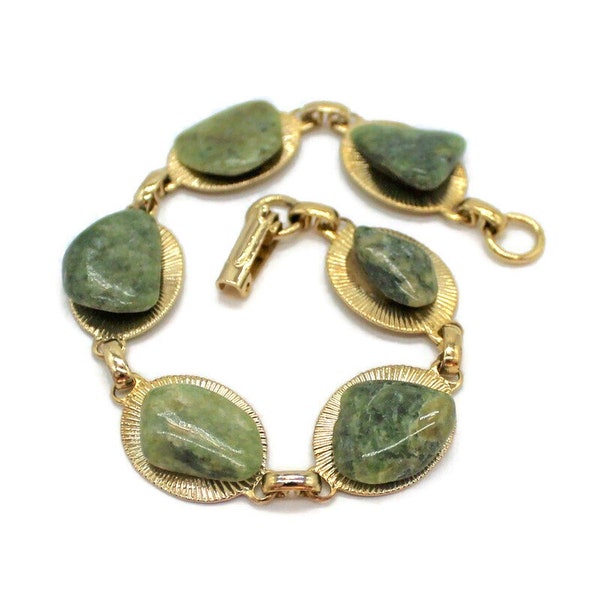 Moss Green Agate Bracelet, On Oval Gold Tone Starburst Disks, Fall Jewelry