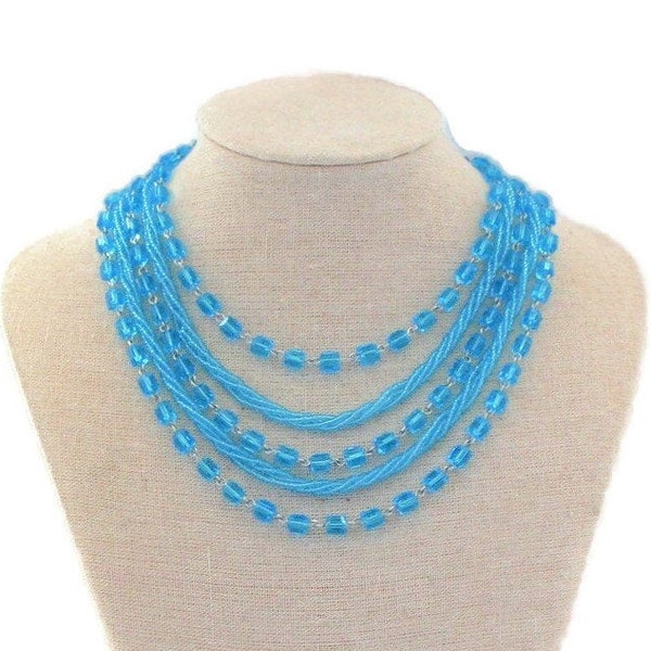 Aqua Blue Glass Rectangle And Twisted Seed Bead Multi Strand Necklace, Japan Necklace, Layered Bead Necklace