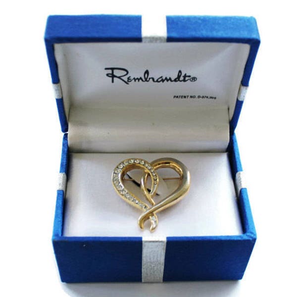 Rembrandt Heart Brooch, In Gold Tone With Rhinestones, Gift For Her