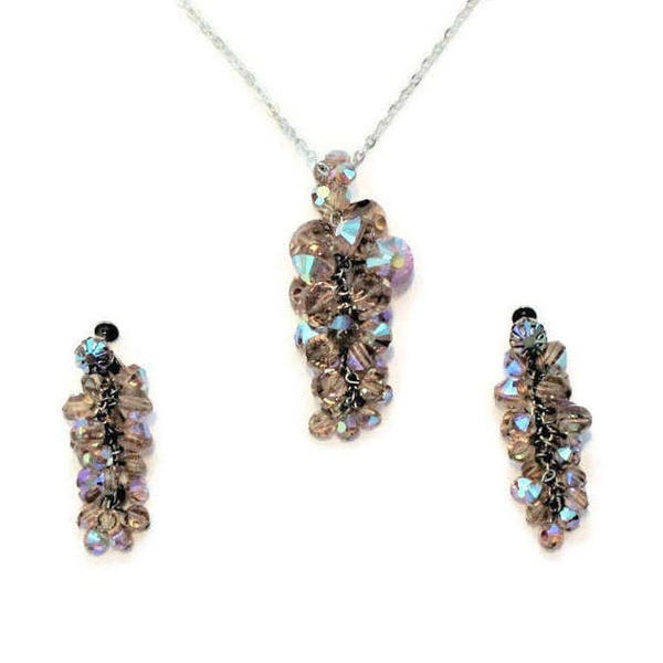 Aurora Borealis Crystal Cluster Jewelry Set, Necklace And Screw Back Earrings