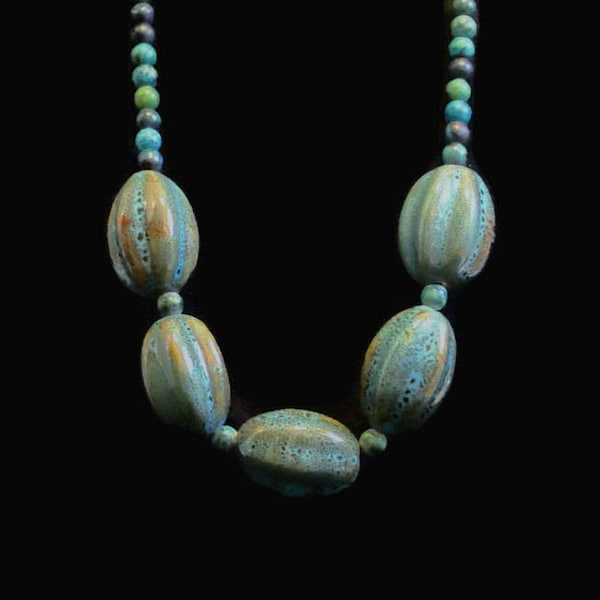 1980's Chunky Bead Necklace, With Blue Beads Speckled with Brown, and Green